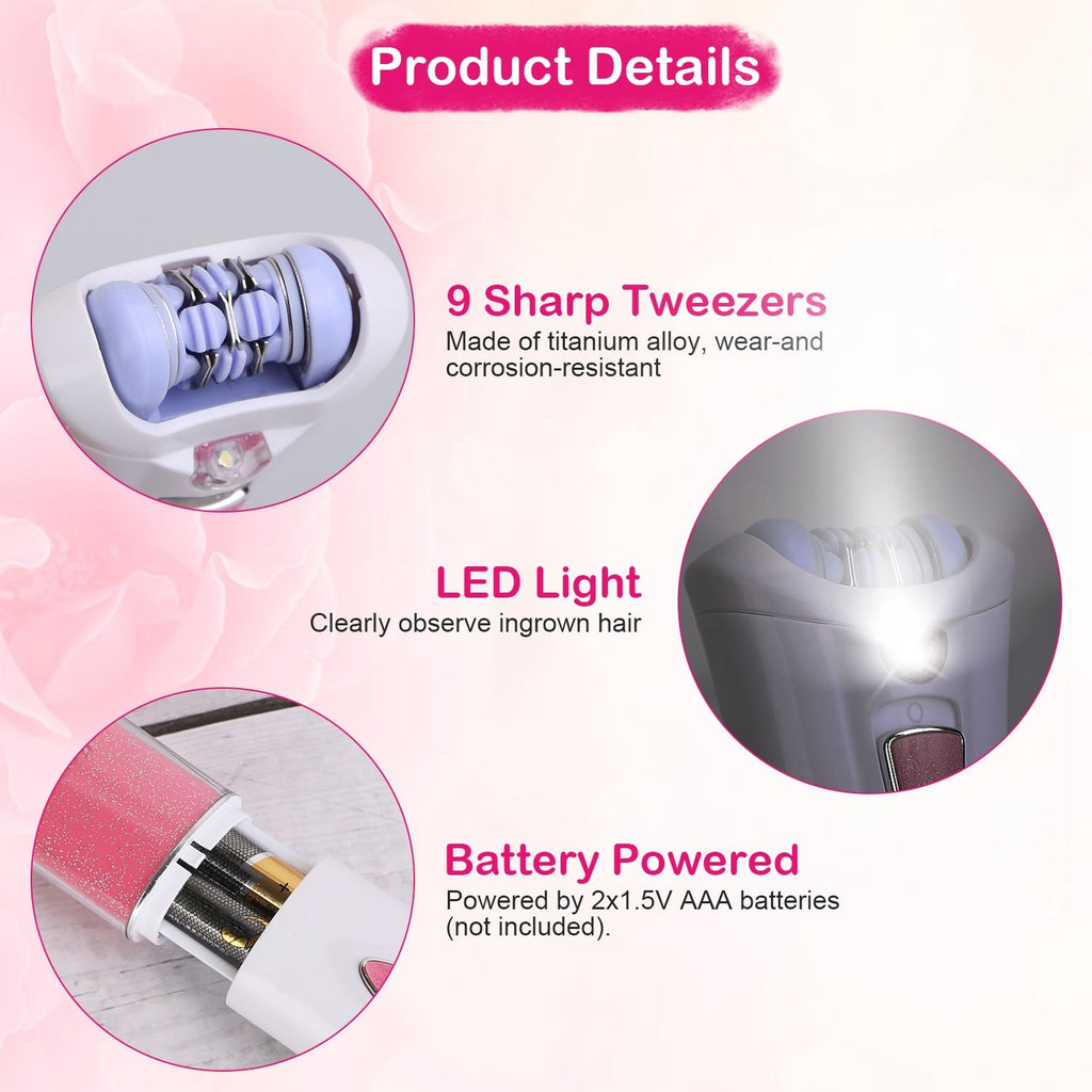 Women's Electric Epilator - Cordless Hair Remover with LED Light for Face & Body
