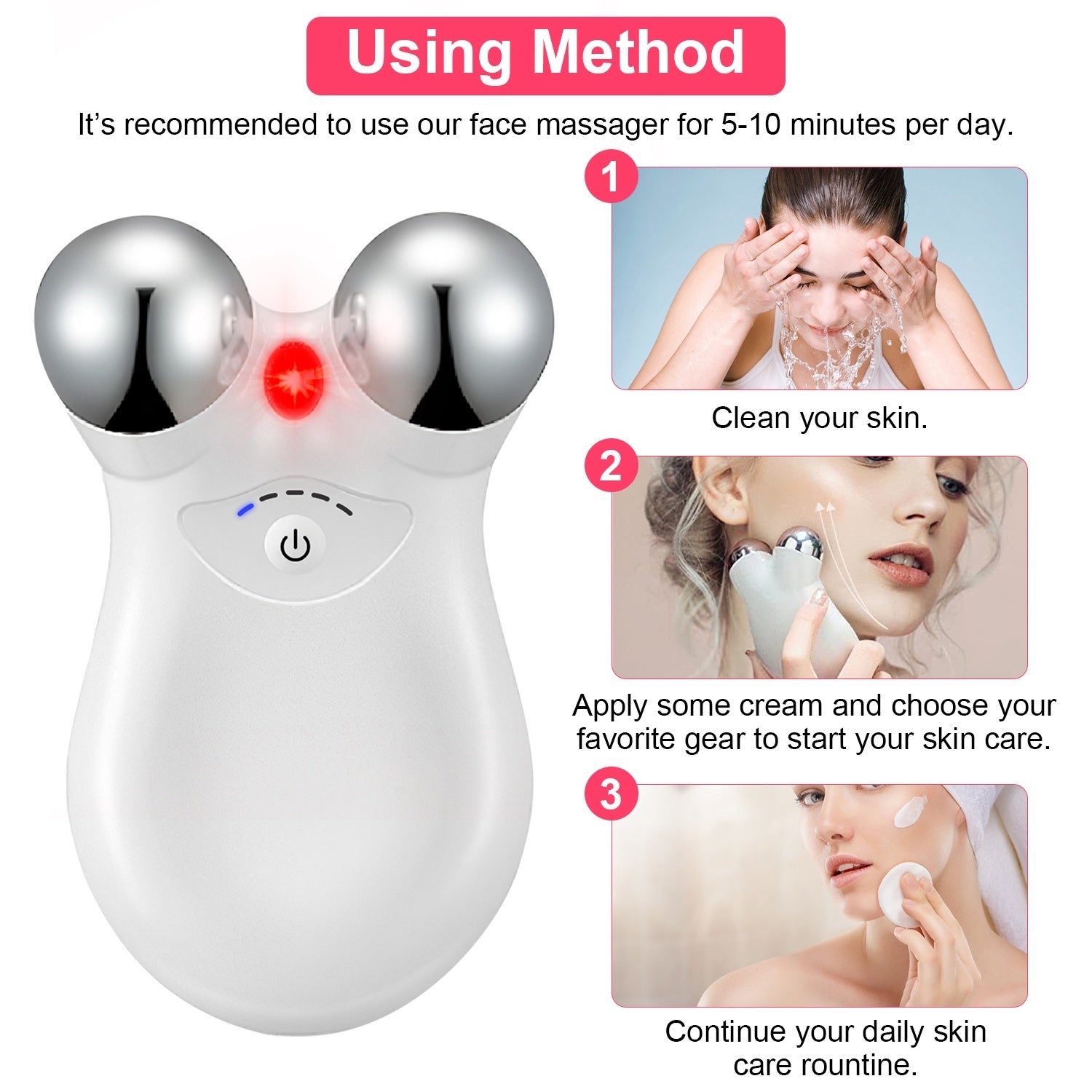 Microcurrent Face Massager - Rechargeable Facial Roller with 5 Intensity Levels