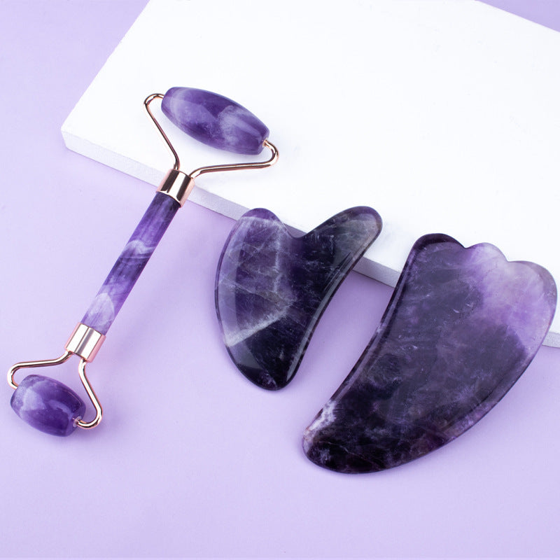 Amethyst Face Roller & Heart Gua Sha Set - Natural Stone Facial Massage Tool Kit