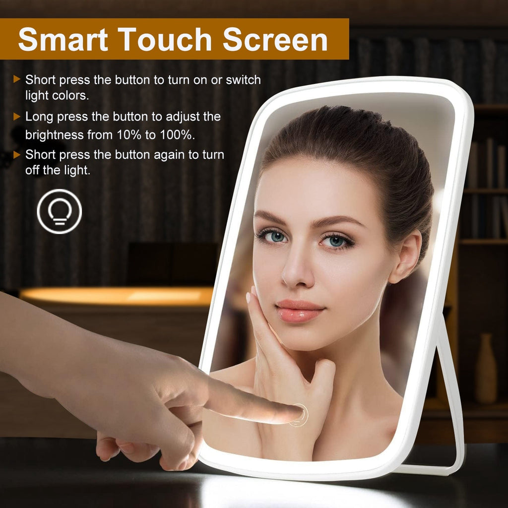 Luxora Lighted Desk Makeup Mirror – 5.98 × 8.62 in, LED, 3-Color Modes, Touch-Screen Brightness, USB Rechargeable
