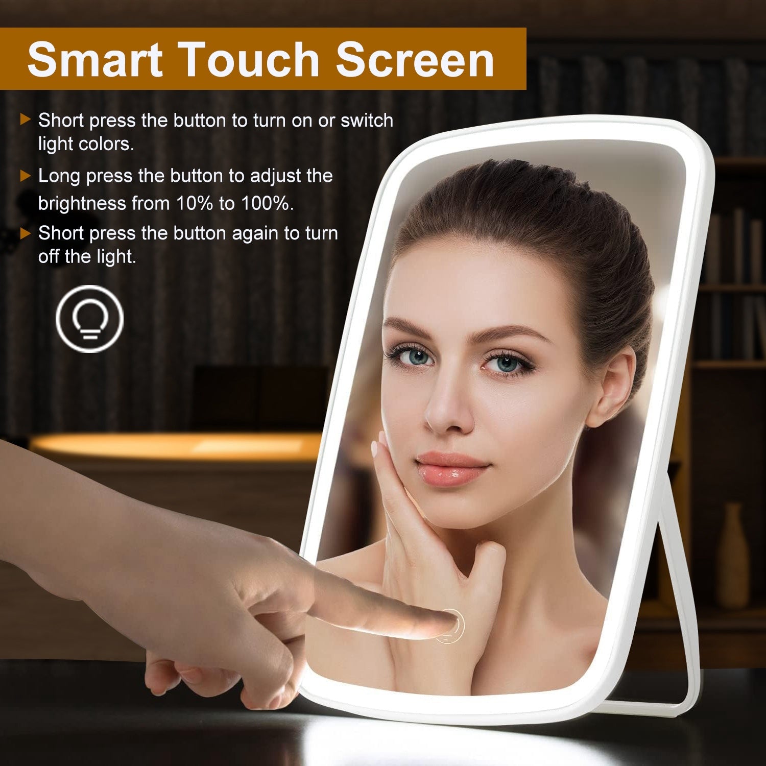 Luxora Lighted Desk Makeup Mirror – 5.98 × 8.62 in, LED, 3-Color Modes, Touch-Screen Brightness, USB Rechargeable