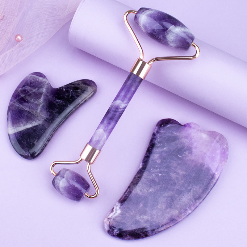 Amethyst Face Roller & Heart Gua Sha Set - Natural Stone Facial Massage Tool Kit