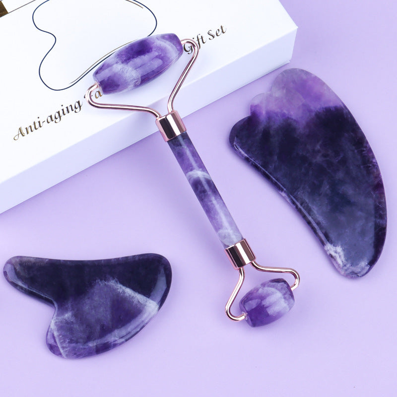 Amethyst Face Roller & Heart Gua Sha Set - Natural Stone Facial Massage Tool Kit